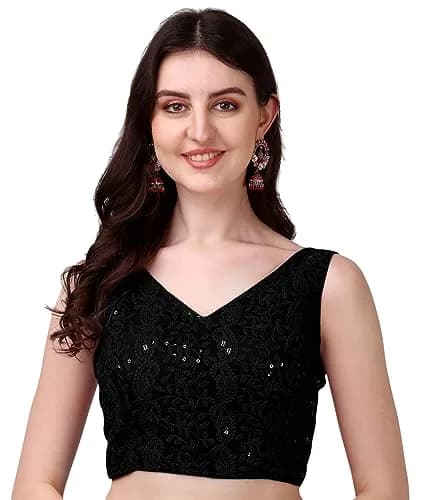 Pujia Mills Women's Georgette Sipali Sequin Sleeveless Blouse, Black, 38 | Elegant Indian Party Wear thumbnail 1