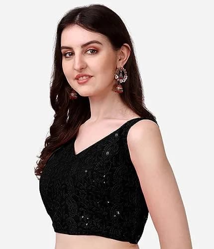 Pujia Mills Women's Georgette Sipali Sequin Sleeveless Blouse, Black, 38 | Elegant Indian Party Wear thumbnail 2