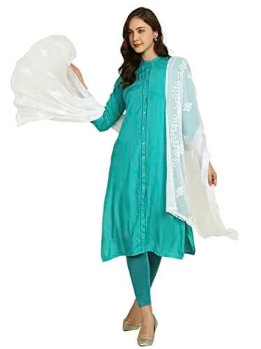 DUPATTA BAZAAR Embroidered Chiffon Dupatta with Pom Pom Lace, 2.4 meters (94.5 inches) | White thumbnail 4