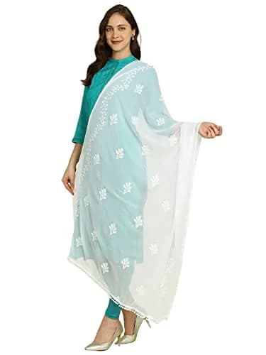 DUPATTA BAZAAR Embroidered Chiffon Dupatta with Pom Pom Lace, 2.4 meters (94.5 inches) | White thumbnail 1