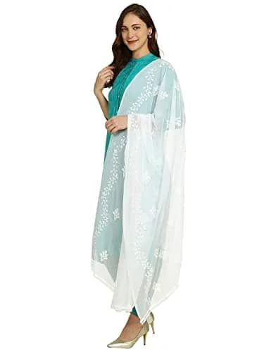 DUPATTA BAZAAR Embroidered Chiffon Dupatta with Pom Pom Lace, 2.4 meters (94.5 inches) | White thumbnail 2