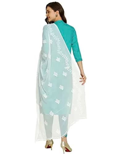DUPATTA BAZAAR Embroidered Chiffon Dupatta with Pom Pom Lace, 2.4 meters (94.5 inches) | White thumbnail 3