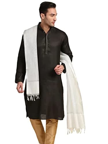 DUPATTA BAZAAR Men's Silk Dupatta for Kurta/Sherwani/Achkan 2.4m (94.5 inches) Silver | Elegant Ethnic Accessory thumbnail 1