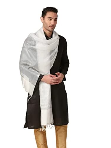 DUPATTA BAZAAR Men's Silk Dupatta for Kurta/Sherwani/Achkan 2.4m (94.5 inches) Silver | Elegant Ethnic Accessory thumbnail 7