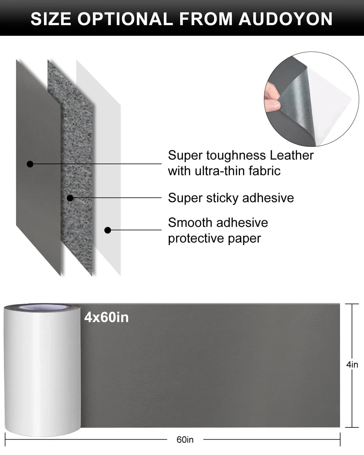 Numola Gray Self-Adhesive Leather Repair Patch 4x60 Inch - Fix Holes, Scratches, Tears on Furniture - view 2