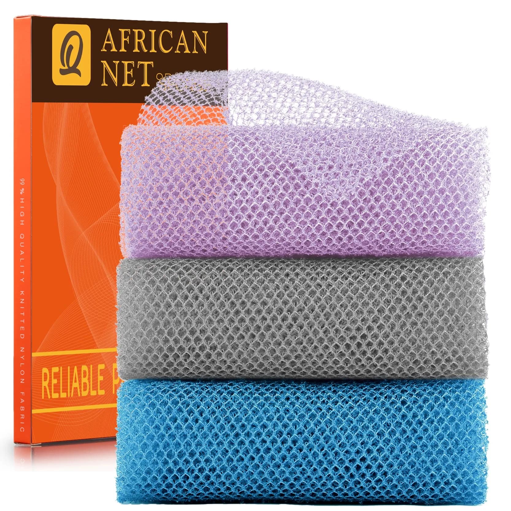 UJFQBH African Net Bath Sponge 3-Pack | Long Net Exfoliating Shower Scrubber for Smooth Skin