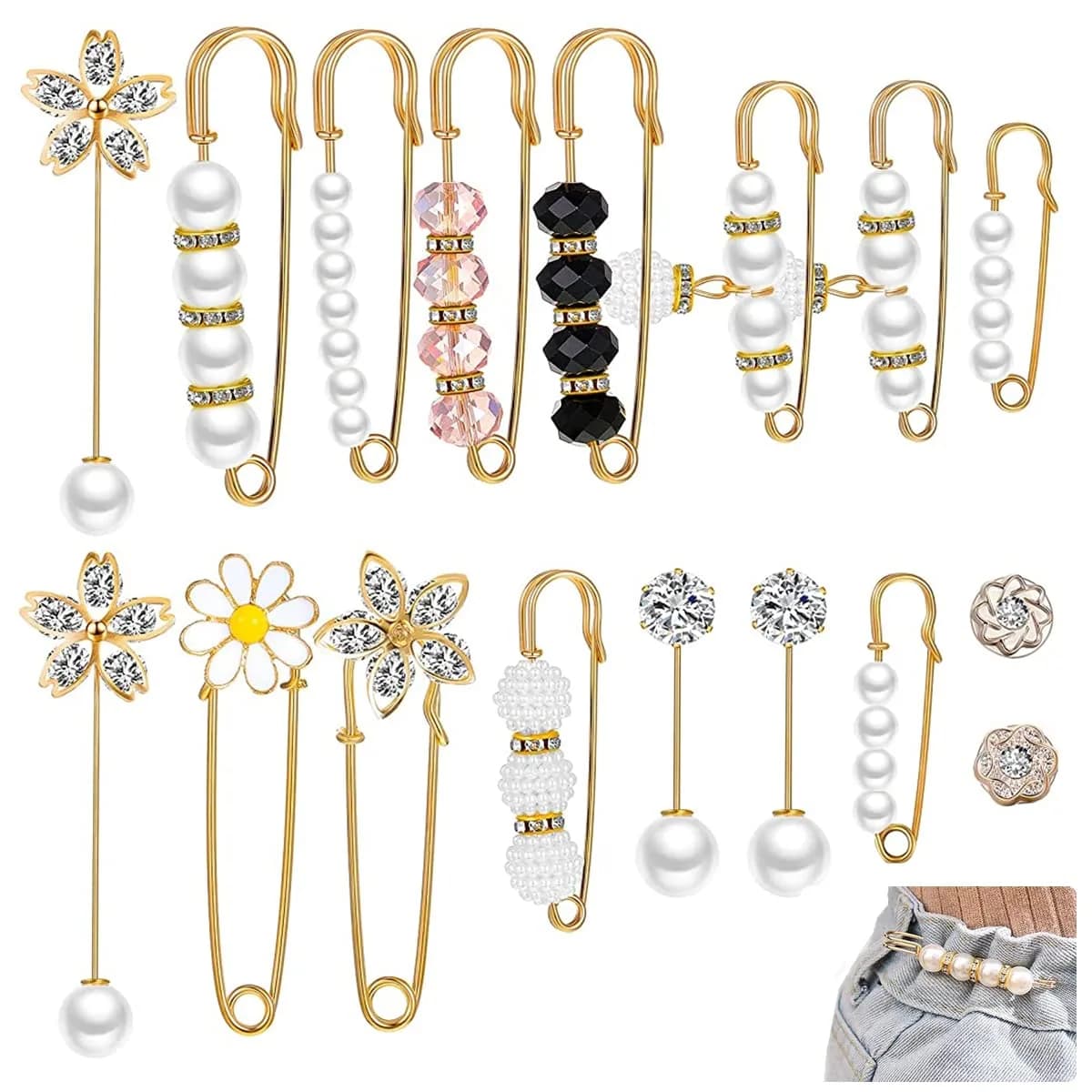 SANNIDHI Red Pearl Brooch Safety Pins for Women & Girls | 17-Piece Set — Red