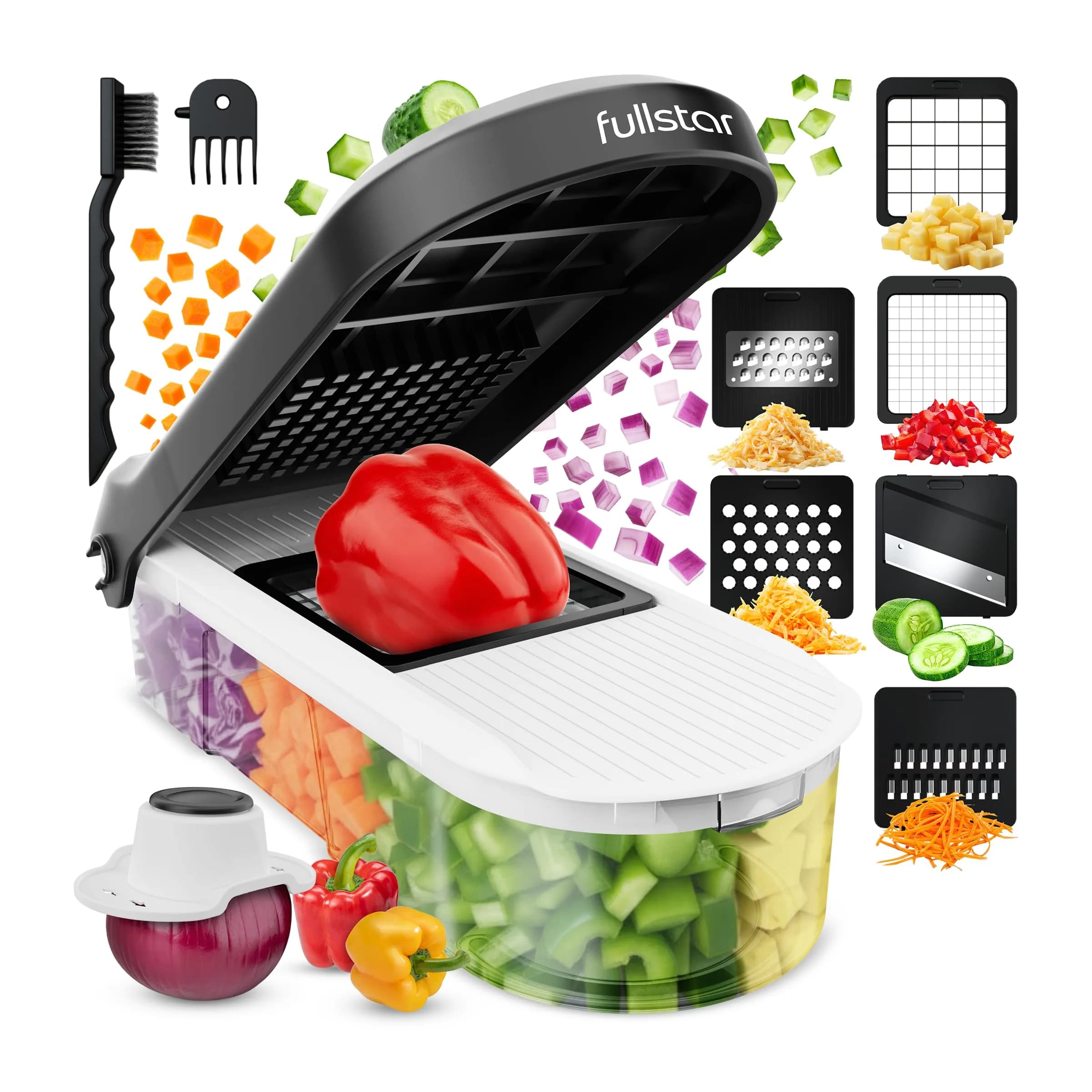 Fullstar Pro Core Vegetable Chopper & Mandoline Slicer, 9-in-1 Compact Meal Prep Essential with 420 Stainless Steel Blades & Container | 26.4 cm (10.4 in) Height — White/Black / 6-in-1