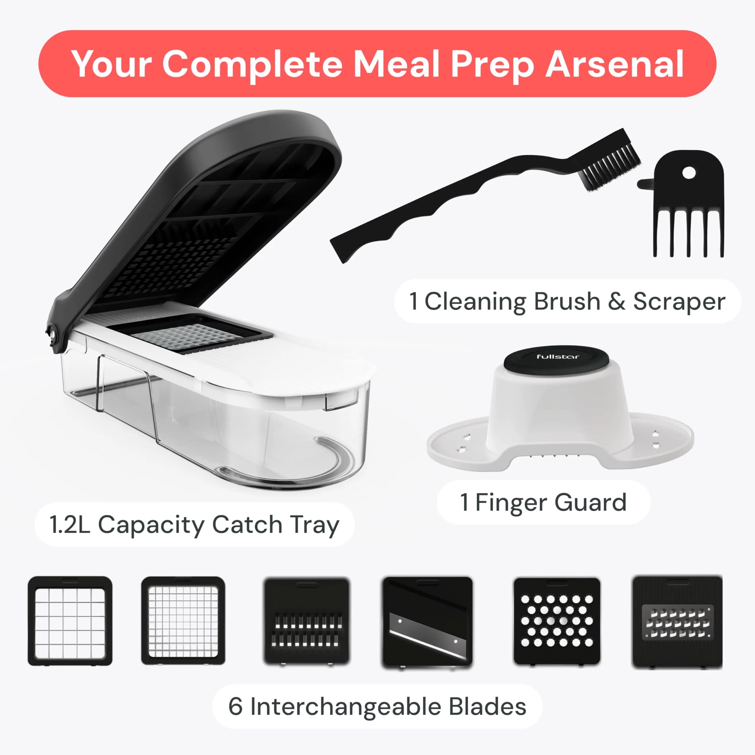 Fullstar 6-in-1 Vegetable Chopper & Mandoline Slicer with Container | 1.2L Capacity, 6 Stainless Steel Blades, White/Black - view 8