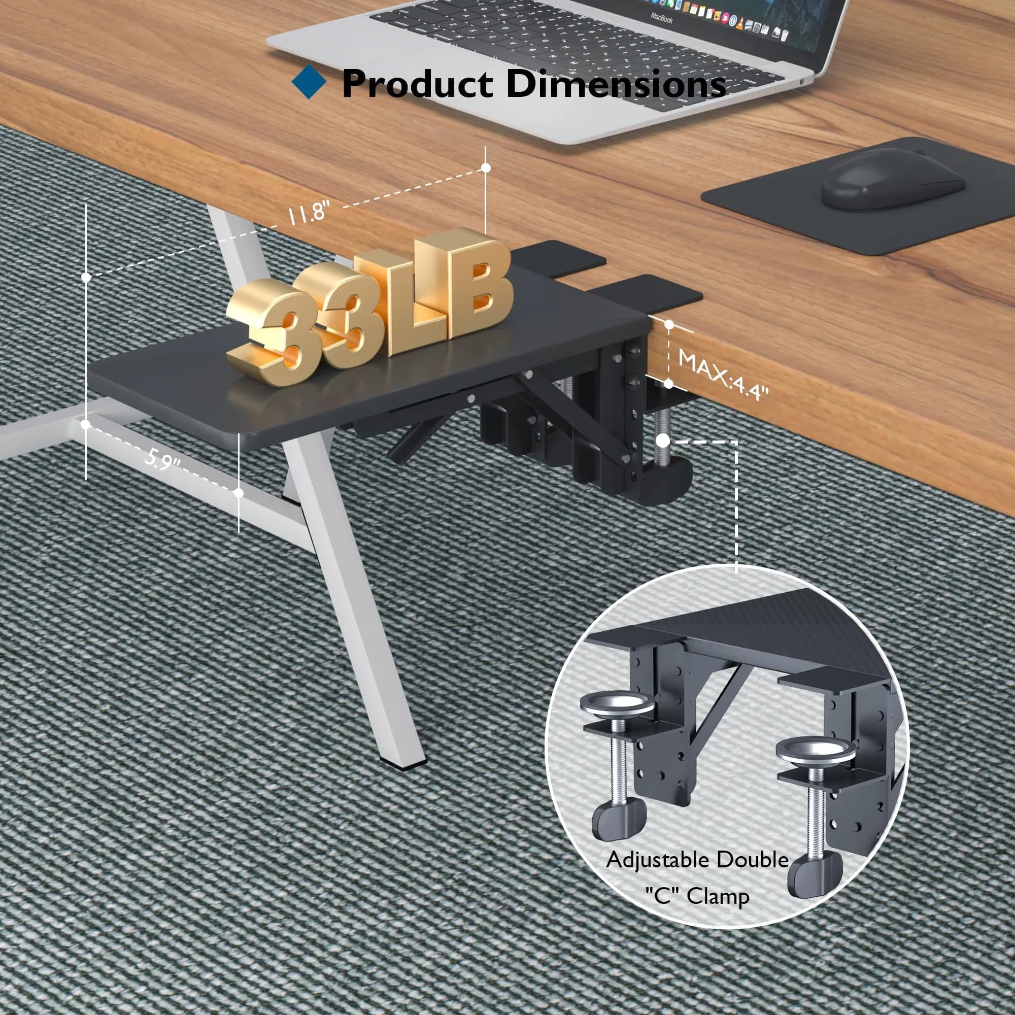 BONTEC Desk Extender Tray 30cm x 15cm (11.8"x5.9") | Clamp-On Ergonomic Arm Rest for Home & Office Use - view 6