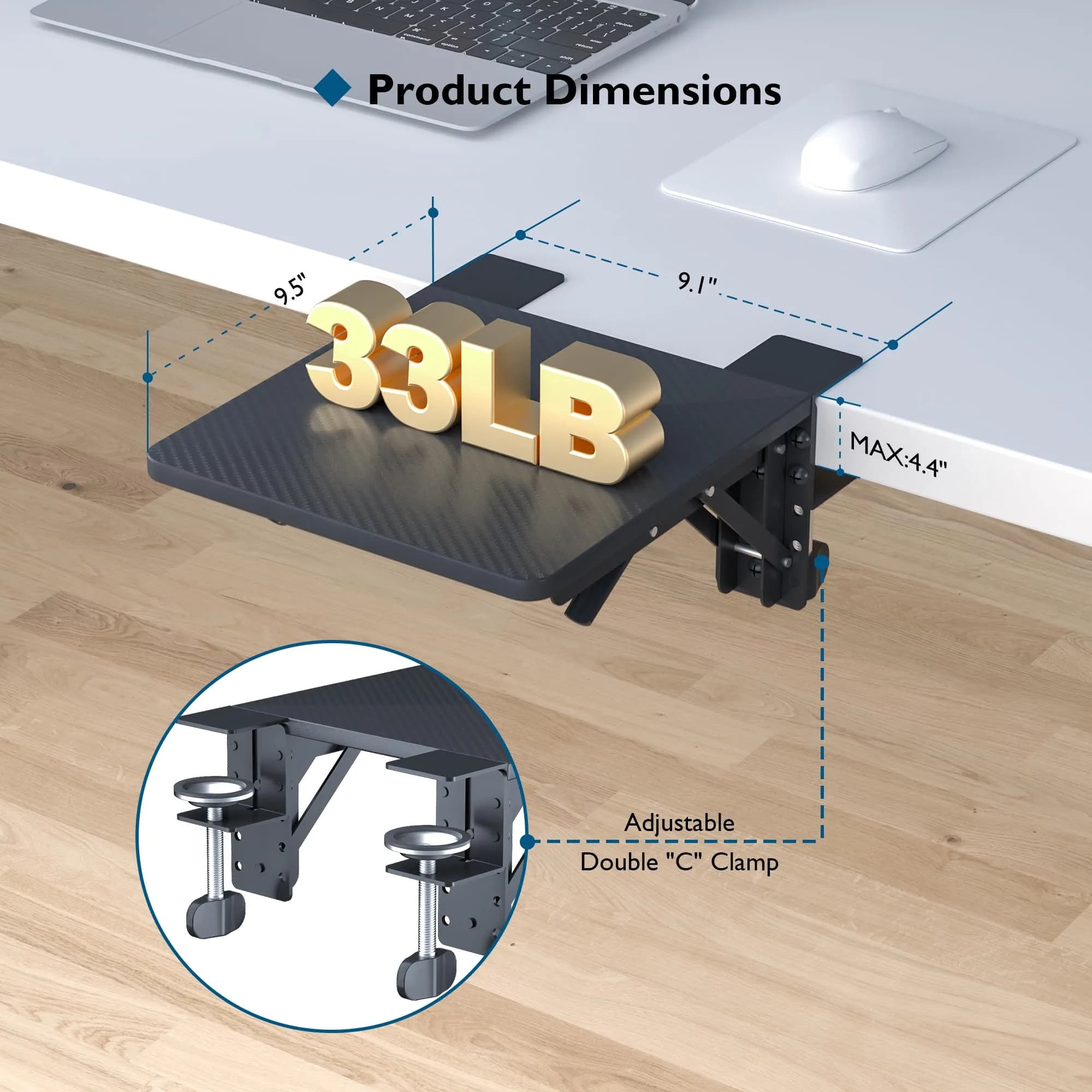 BONTEC Ergonomic Desk Extender Tray 9.5"x9.1" (24cmx23cm) Black | Clamp-on Keyboard and Mouse Shelf for Enhanced Workspace - view 6