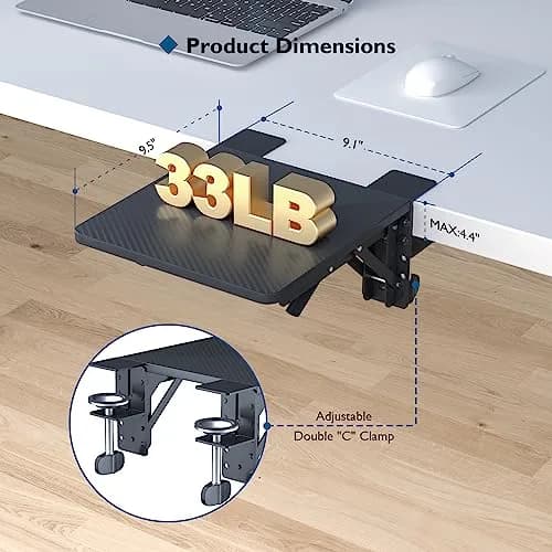 BONTEC Ergonomic Desk Extender Tray 9.5"x9.1" (24cmx23cm) Black | Clamp-on Keyboard and Mouse Shelf for Enhanced Workspace thumbnail 6