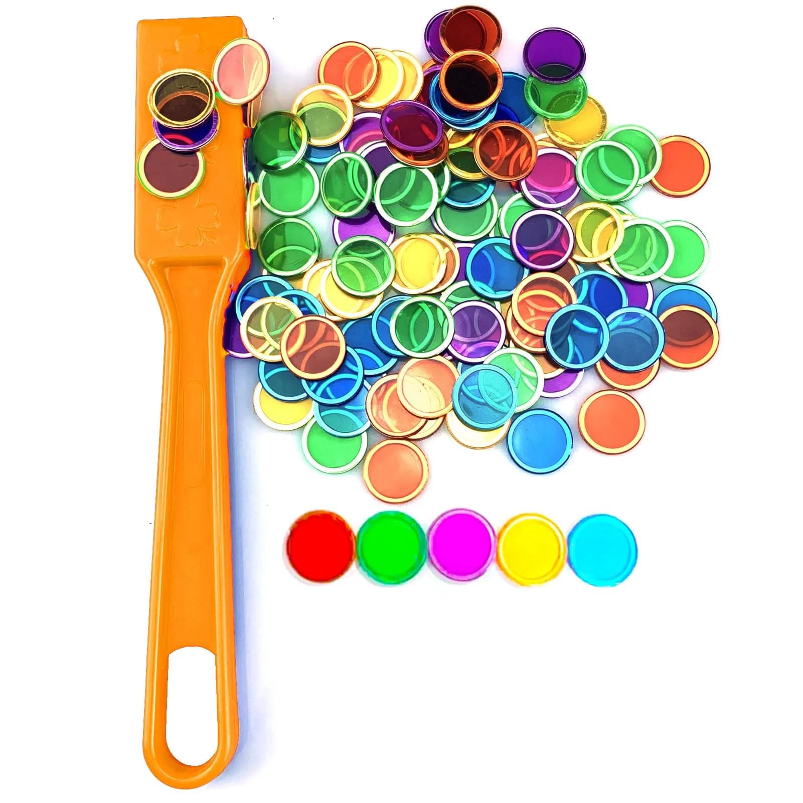 Dacefloy Magnetic Wands and Bingo Chips Set Magnet Wand 100 Multicolour Metal Ringed Discs Kids Science STEM Kit Learning Accessories Family Game Night Tokens — Orange