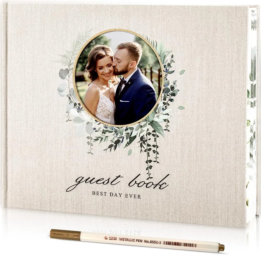 molekaus Wedding Guest Book Hardcover 8" x 10" (20.3 x 25.4 cm) with Photo Frame, 100 Pages | Classic Linen Design - main product image
