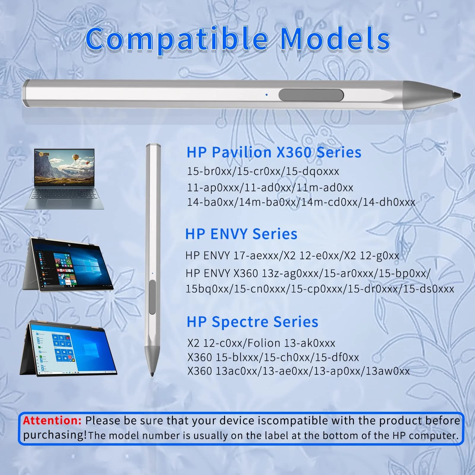 SSS·GRGB Silver U-shaped Stylus Pen for HP Envy/Pavilion/Spectre X360/X2 | MPP 2.0, 4096 Pressure, Tilt, Palm Rejection - view 3