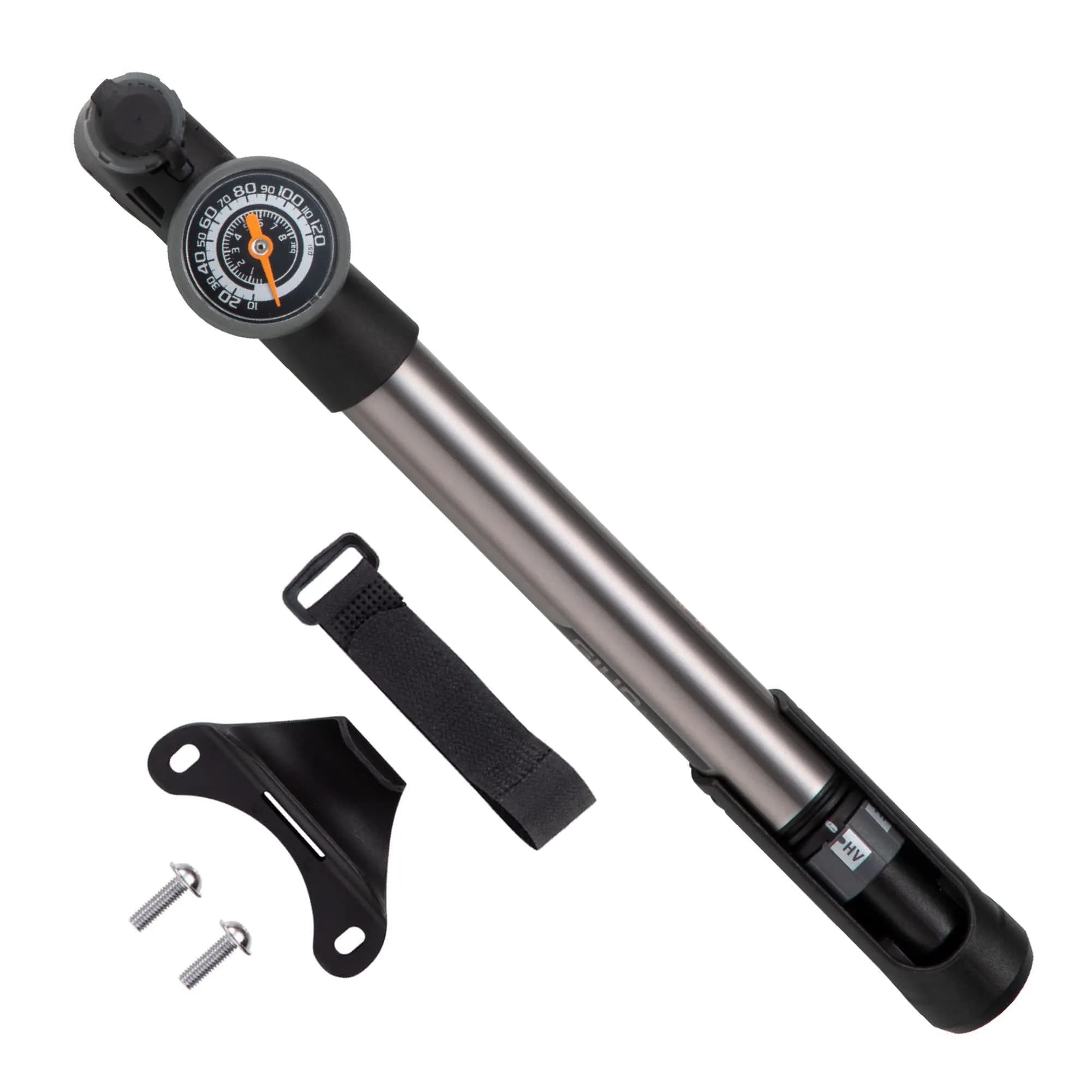 GIYO Mini Bike Pump with Gauge 2 Stage HP/HV 120 PSI | Easy Inflation for Road & MTB | Frame Mount Included | Taiwan Made (GP-993) — silver