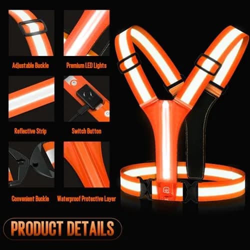 OMKHE LED Reflective Vest for Running & Cycling with Rechargeable Lights | Orange, Unisex thumbnail 5