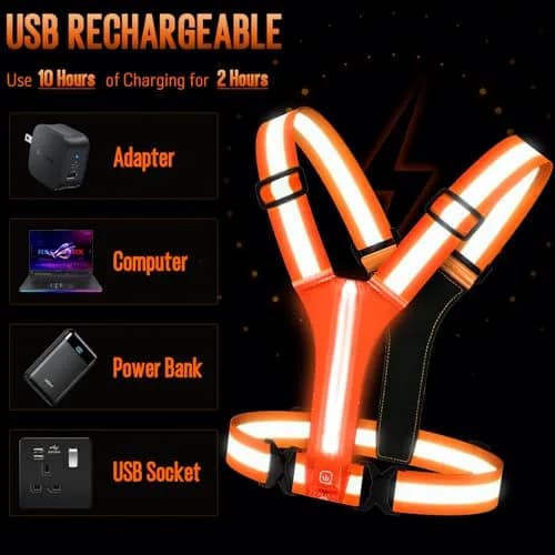 OMKHE LED Reflective Vest for Running & Cycling with Rechargeable Lights | Orange, Unisex thumbnail 3