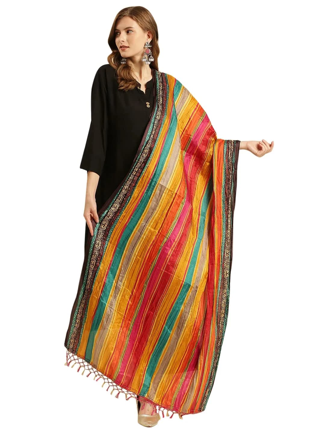 DUPATTA BAZAAR Women's Striped Print Art Silk Crushed Dupatta 240cm (94.5in) | Festive & Occasion Wear — Multicolour