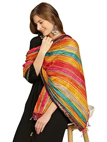 DUPATTA BAZAAR Women's Striped Print Art Silk Crushed Dupatta 240cm (94.5in) | Festive & Occasion Wear thumbnail 4