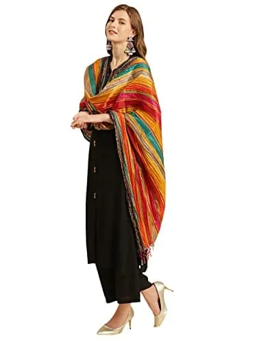 DUPATTA BAZAAR Women's Striped Print Art Silk Crushed Dupatta 240cm (94.5in) | Festive & Occasion Wear thumbnail 3