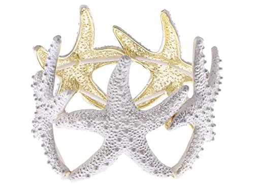Alilang Shiny Textured Starfish Stretch Bangle Cuff Bracelet, White | Ocean-Inspired Sea Creature Jewelry thumbnail 1