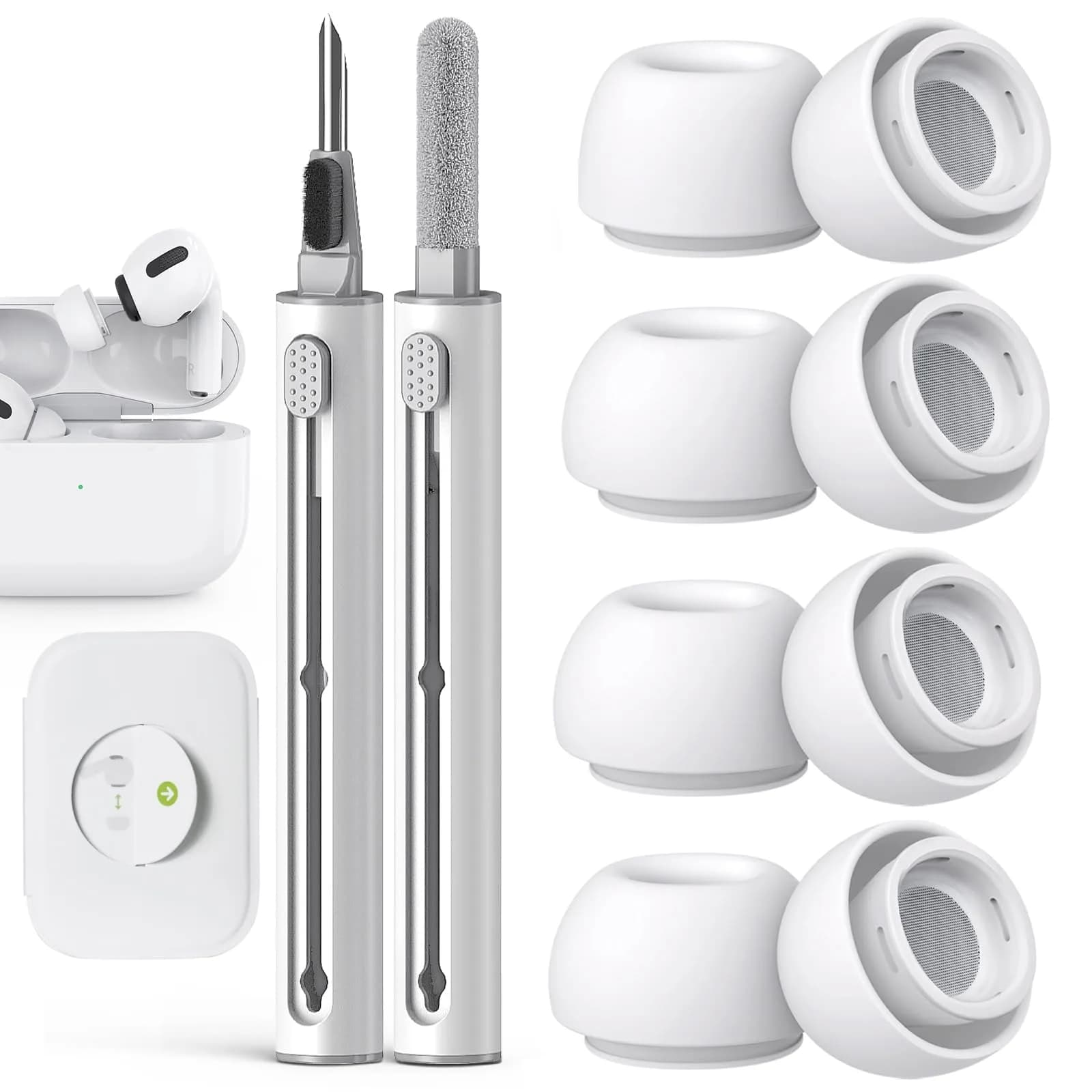 Pohgelan Replacement Ear Tips for AirPods Pro 2nd/1st Gen (XS/S/M/L, White) | 4 Pairs with Noise Reduction Holes & Dust Guard