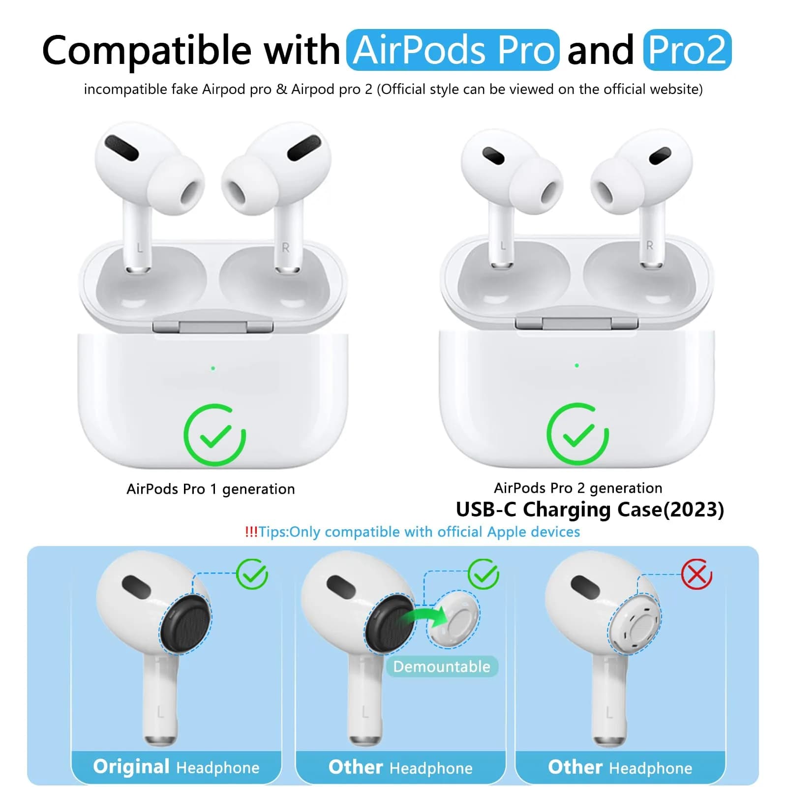 Pohgelan Replacement Ear Tips for AirPods Pro 2nd/1st Gen (XS/S/M/L, White) | 4 Pairs with Noise Reduction Holes & Dust Guard - view 2