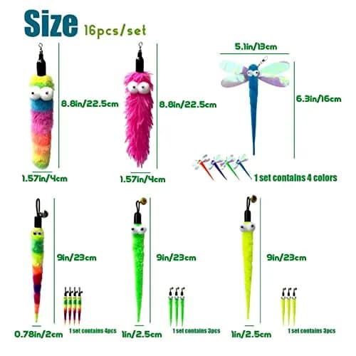 AcceLeah 16Pcs Cat Wand Refills, Worm & Dragonfly Attachments | Natural Plush, Safe & Durable thumbnail 2