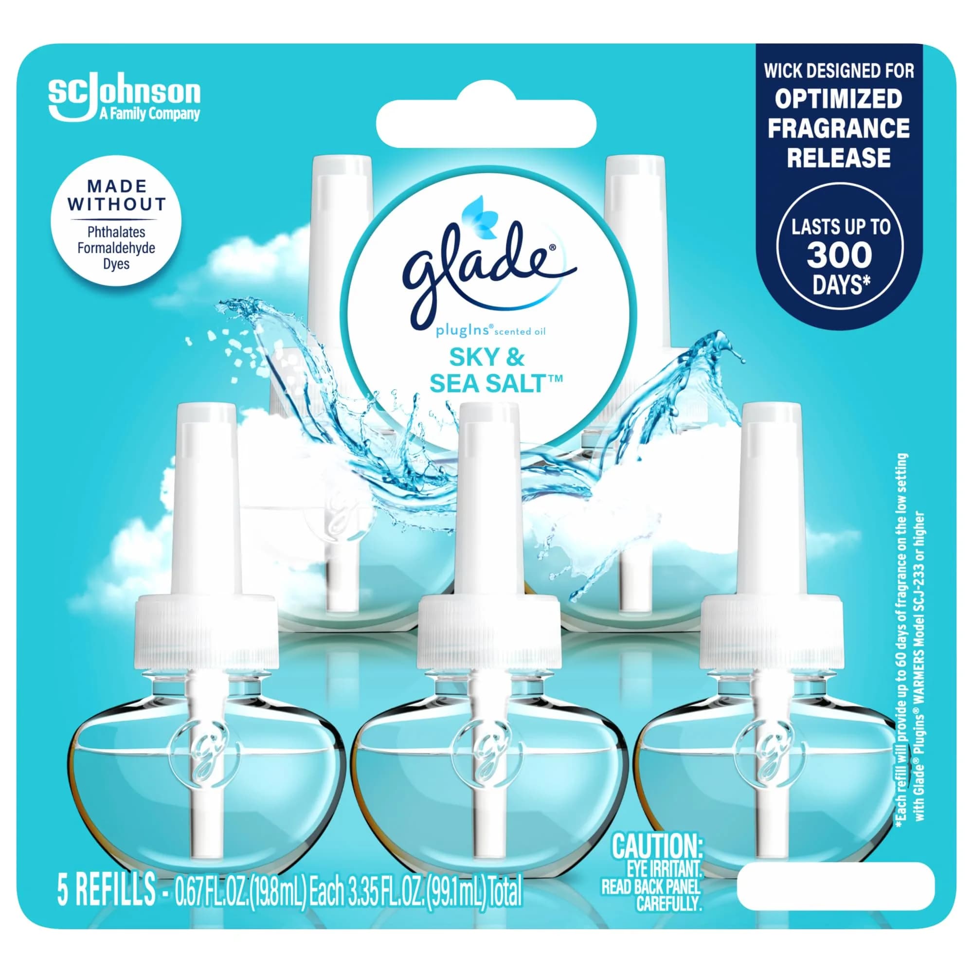Glade Sky & Sea Salt PlugIns Refills Air Freshener, 100ml (3.35 Fl Oz) (5 Count) | Ocean Breeze Scent with Essential Oils - main product image
