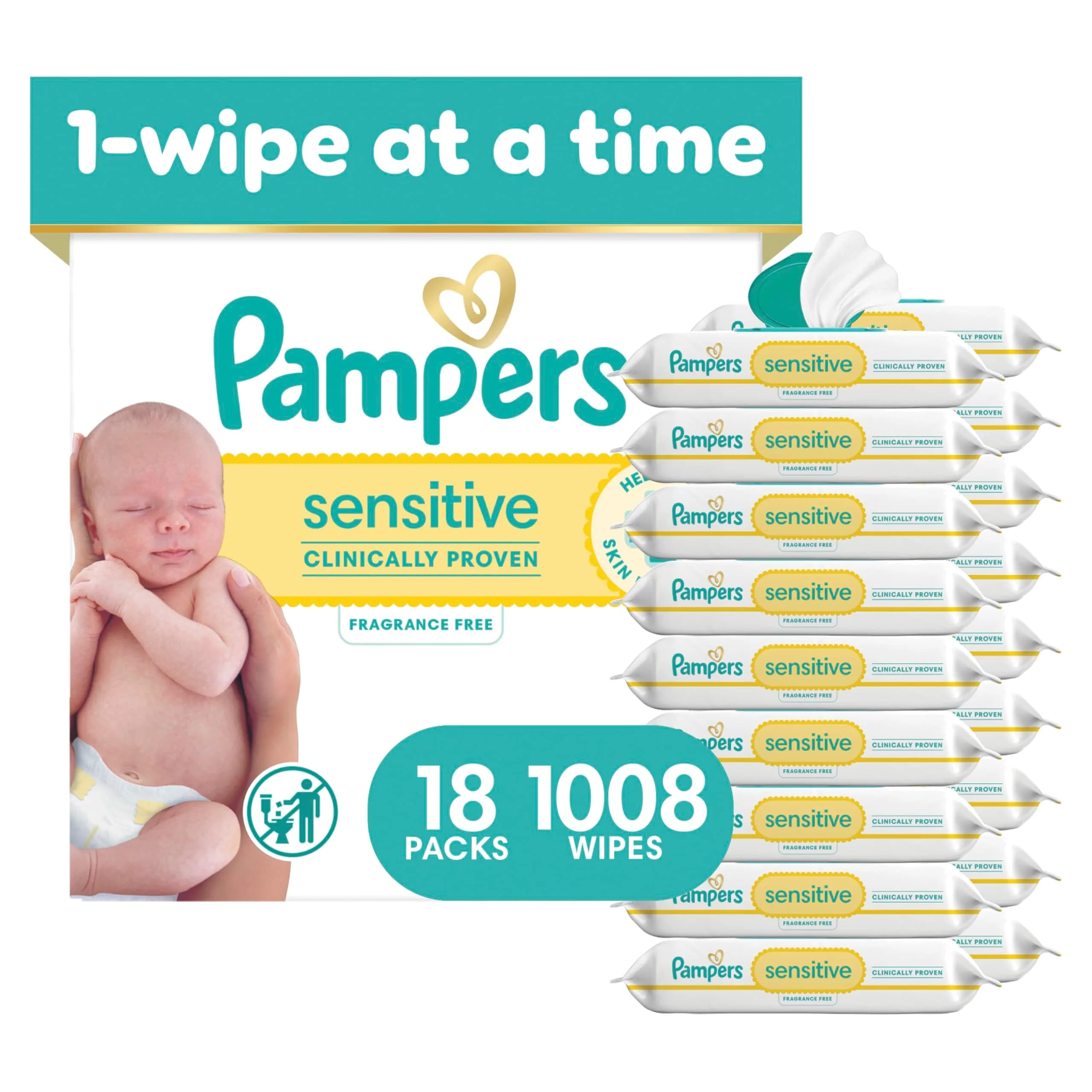Pampers Sensitive Baby Wipes, 1008 Count (18 Flip-Top Packs) | Clinically Proven for Sensitive Skin