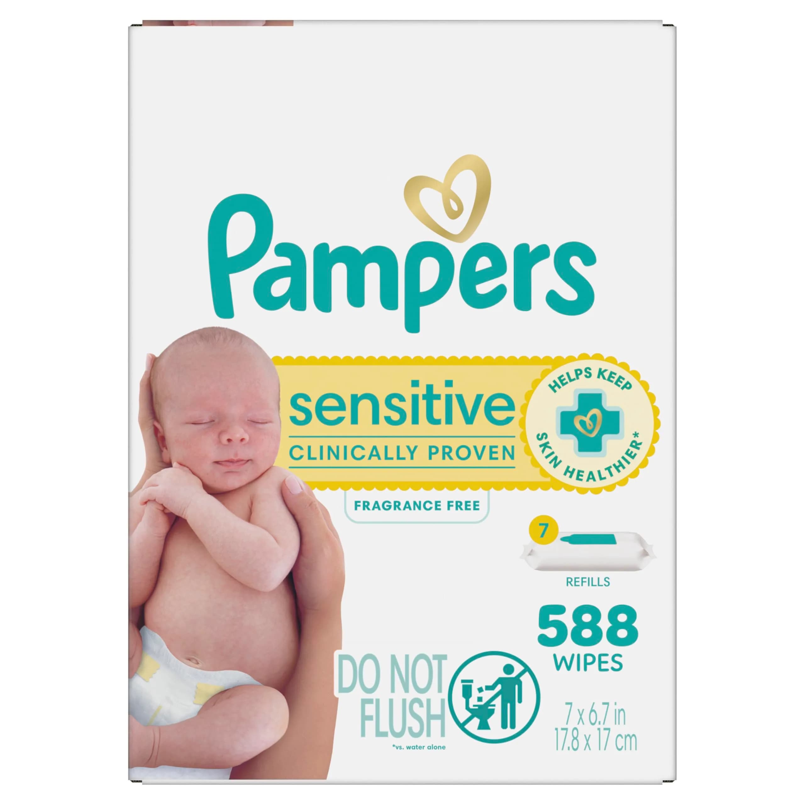 Pampers Sensitive Baby Wipes, Water Based, Fragrance Free, Hypoallergenic, 588 Count (7x Refill Packs) | Clinically Proven for Sensitive Skin