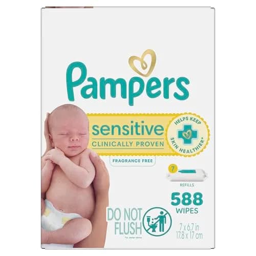 Pampers Sensitive Baby Wipes, Water Based, Fragrance Free, Hypoallergenic, 588 Count (7x Refill Packs) | Clinically Proven for Sensitive Skin thumbnail 1