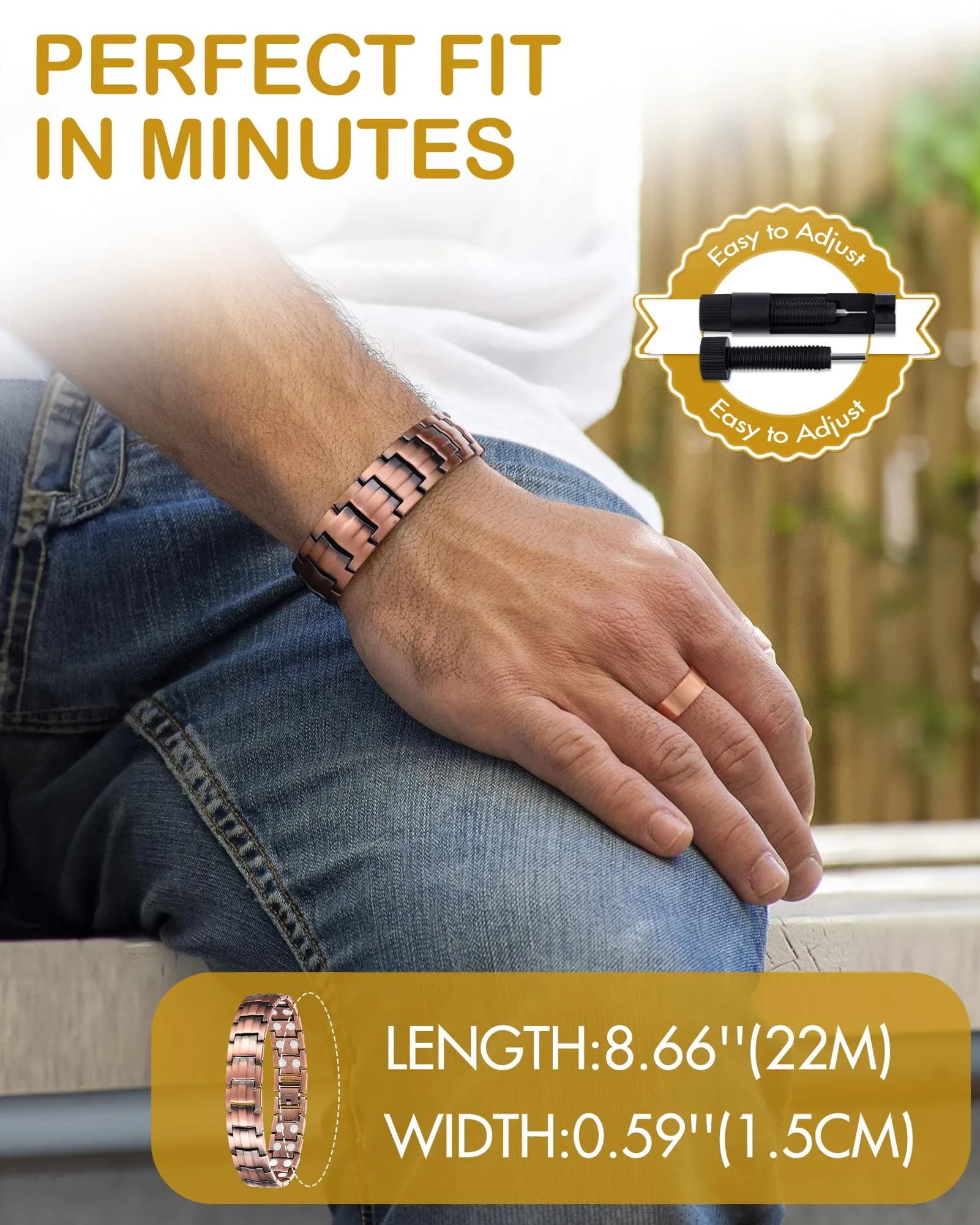 Feraco Men's Copper Magnetic Bracelet and Ring Set 22cm (8.66") | Hypoallergenic & Nickel-Free - view 7