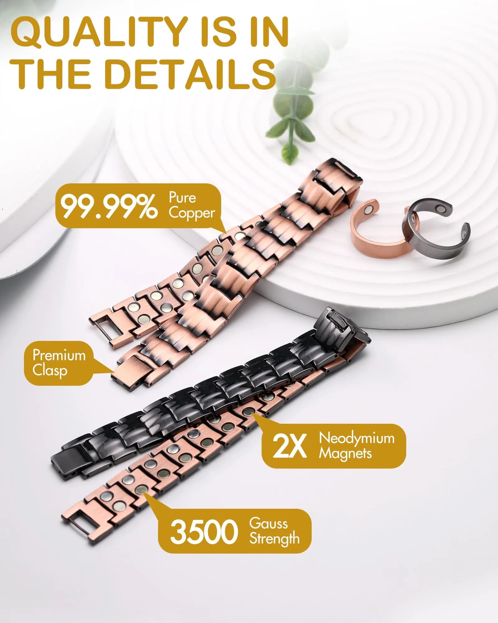 Feraco Men's Copper Magnetic Bracelet and Ring Set 22cm (8.66") | Hypoallergenic & Nickel-Free - view 3