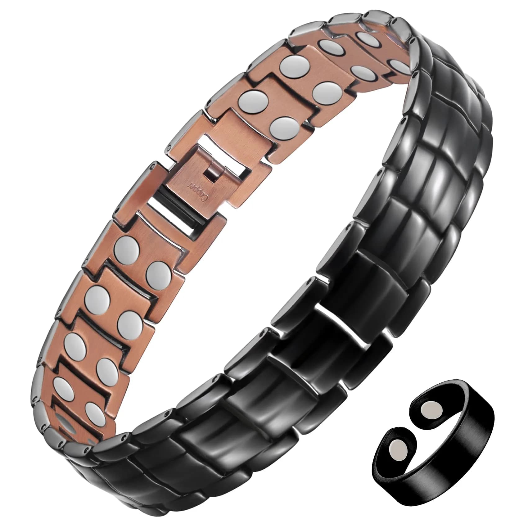 Feraco Men's Copper Magnetic Bracelet and Ring Set Black | 99.99% Pure Copper with Double-Row Magnets — Copper Black with Ring