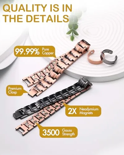 Feraco Men's Copper Magnetic Bracelet and Ring Set Black | 99.99% Pure Copper with Double-Row Magnets thumbnail 4