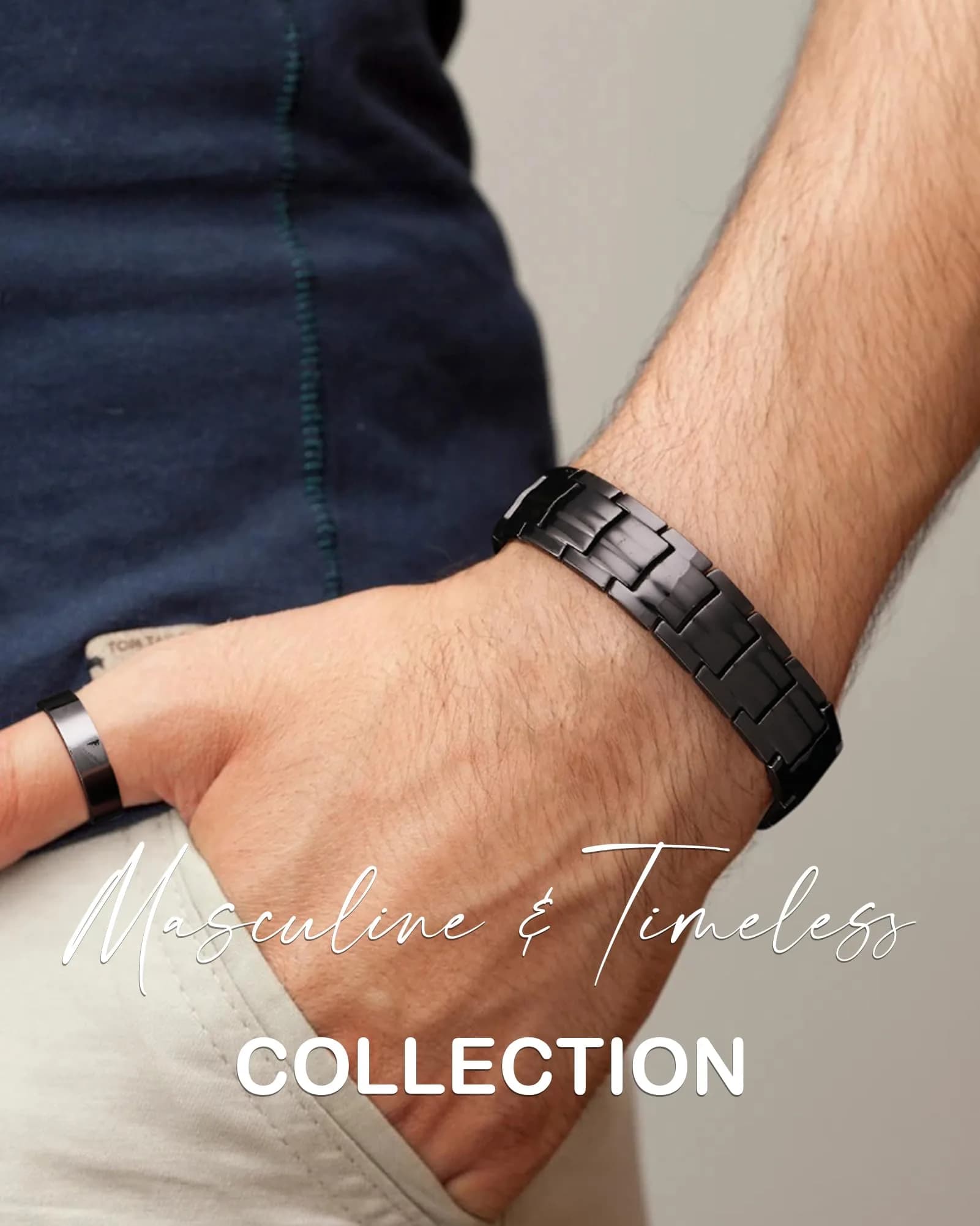 Feraco Men's Copper Magnetic Bracelet and Ring Set Black | 99.99% Pure Copper with Double-Row Magnets - view 2