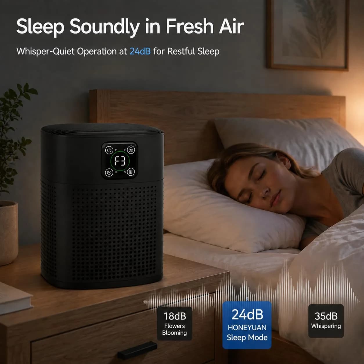 Honeyuan H13 HEPA Air Purifier for Home, Large Room, 1095 sqft Coverage, 3-Stage Filtration, 24dB Sleep Mode, Black | True HEPA Filter for Dust & Pet Dander - view 5