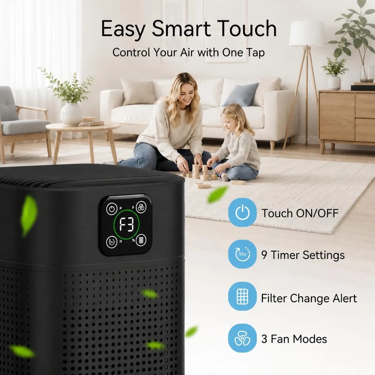 Honeyuan H13 HEPA Air Purifier for Home, Large Room, 1095 sqft Coverage, 3-Stage Filtration, 24dB Sleep Mode, Black | True HEPA Filter for Dust & Pet Dander - view 3