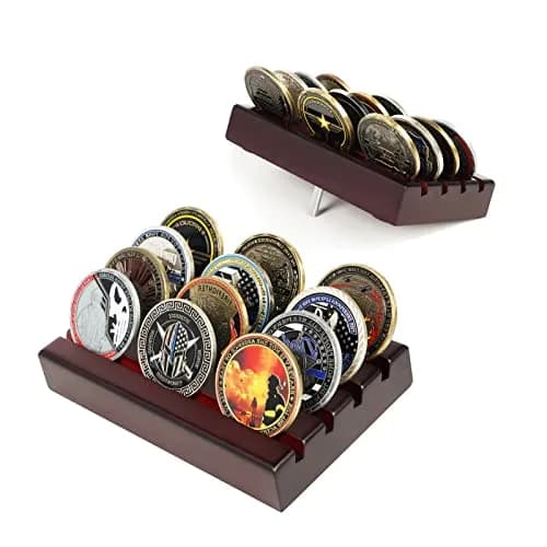 DecoWoodo Challenge Coin Holder Display Case 4 Row Mahogany | Solid Wood Military Coin Stand Holds 12 Coins thumbnail 1