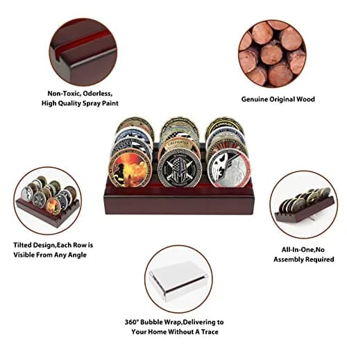 DecoWoodo Challenge Coin Holder Display Case 4 Row Mahogany | Solid Wood Military Coin Stand Holds 12 Coins thumbnail 4