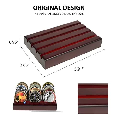 DecoWoodo Challenge Coin Holder Display Case 4 Row Mahogany | Solid Wood Military Coin Stand Holds 12 Coins thumbnail 2