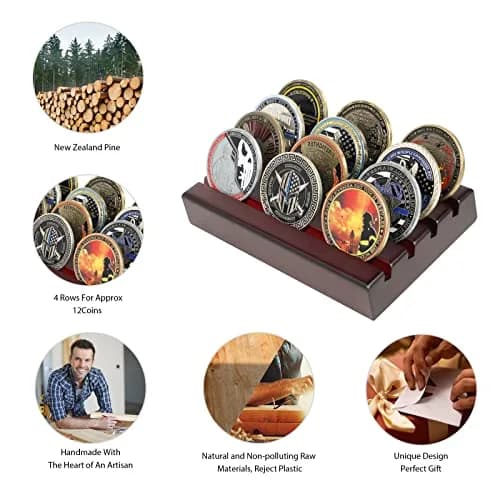 DecoWoodo Challenge Coin Holder Display Case 4 Row Mahogany | Solid Wood Military Coin Stand Holds 12 Coins thumbnail 3