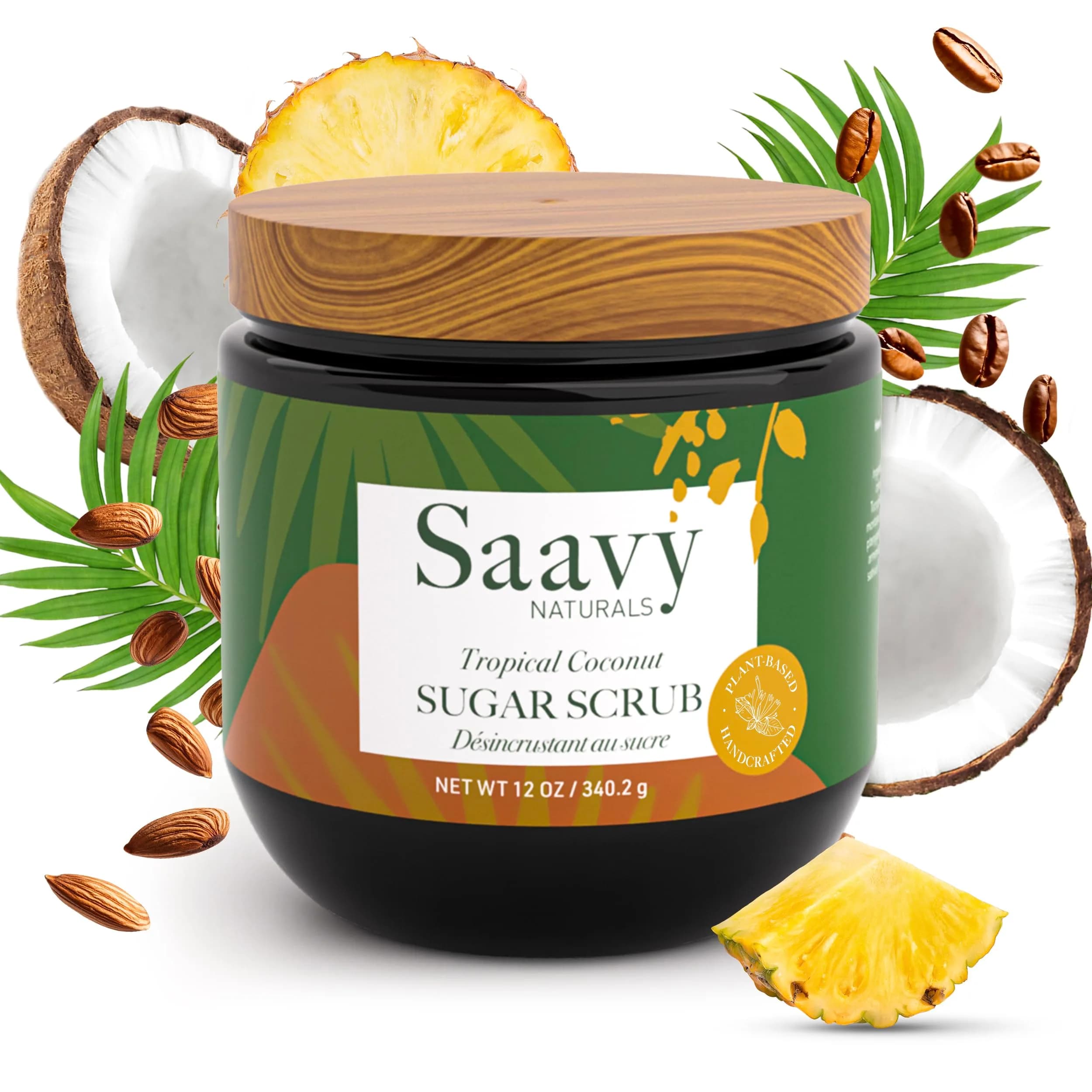 Saavy Naturals Body Scrub - Scented Sugar Coconut Exfoliator, Vegan & Natural with Vitamin E, Gentle for Sensitive Skin, 12 oz | Tropical Coconut