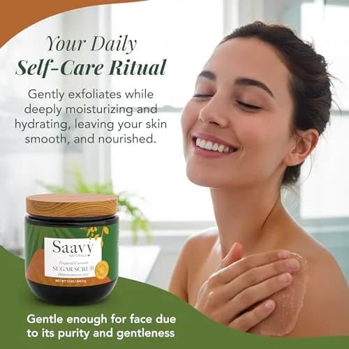 Saavy Naturals Body Scrub - Scented Sugar Coconut Exfoliator, Vegan & Natural with Vitamin E, Gentle for Sensitive Skin, 12 oz | Tropical Coconut thumbnail 2