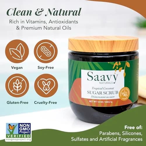 Saavy Naturals Body Scrub - Scented Sugar Coconut Exfoliator, Vegan & Natural with Vitamin E, Gentle for Sensitive Skin, 12 oz | Tropical Coconut thumbnail 3