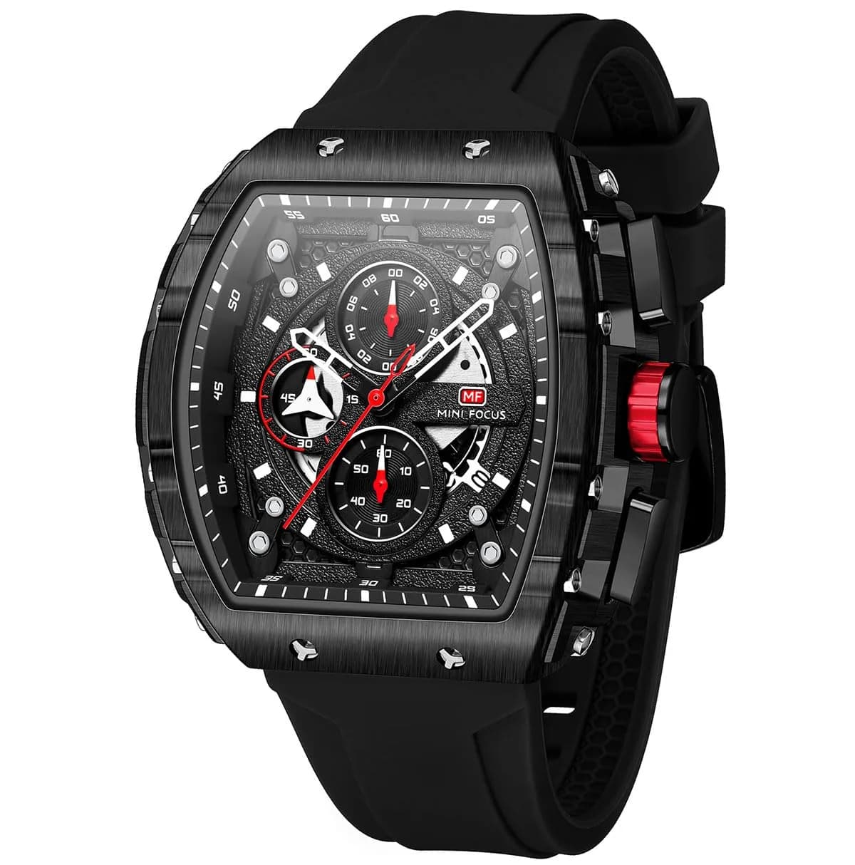 AIMES Men's Rectangle Skeleton Chronograph Watch 41.8mm Waterproof Black Silicon Strap