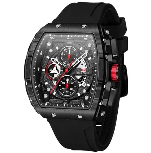 AIMES Men's Rectangle Skeleton Chronograph Watch 41.8mm Waterproof Black Silicon Strap thumbnail 1