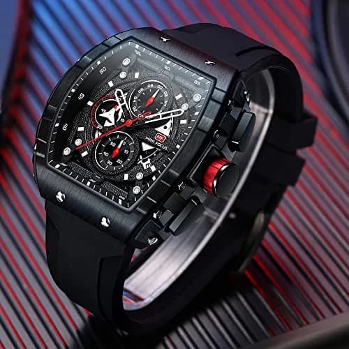 AIMES Men's Rectangle Skeleton Chronograph Watch 41.8mm Waterproof Black Silicon Strap thumbnail 4